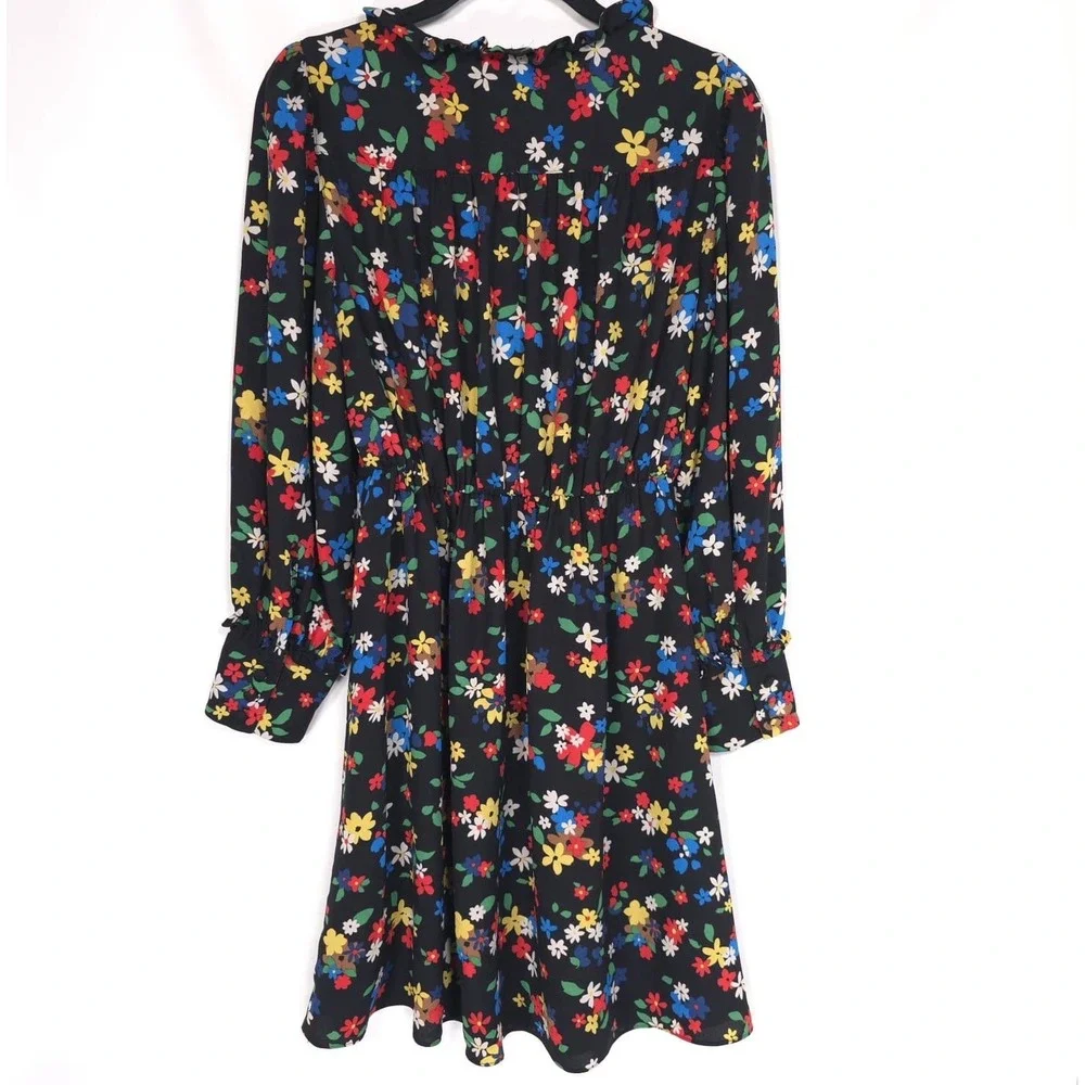 Kate Spade Sailing Floral Dress Size 2 Black Multi Ruffle‎ Elastic Waistband
